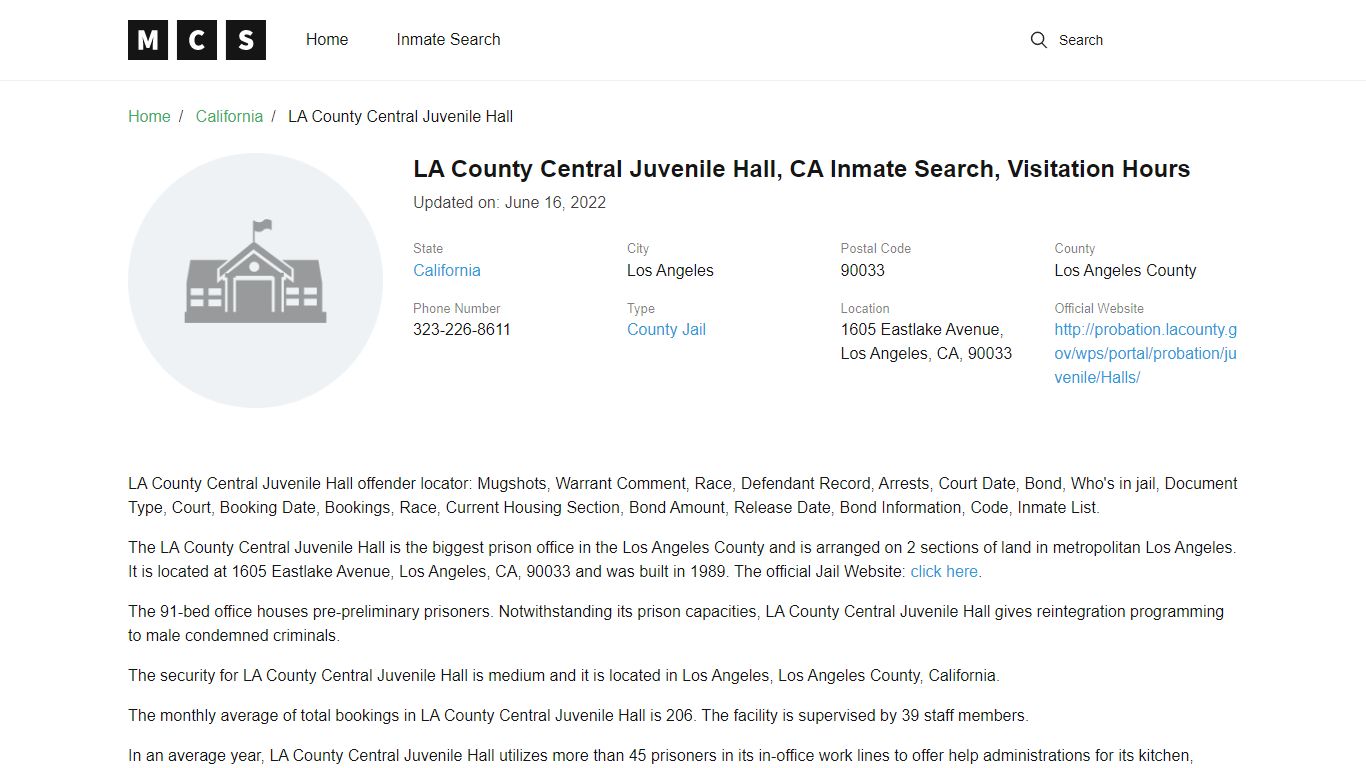 LA County Central Juvenile Hall , CA Inmate Search ...